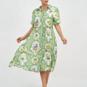 Liberty Rose - Print Shirt Dress Green Floral Birds