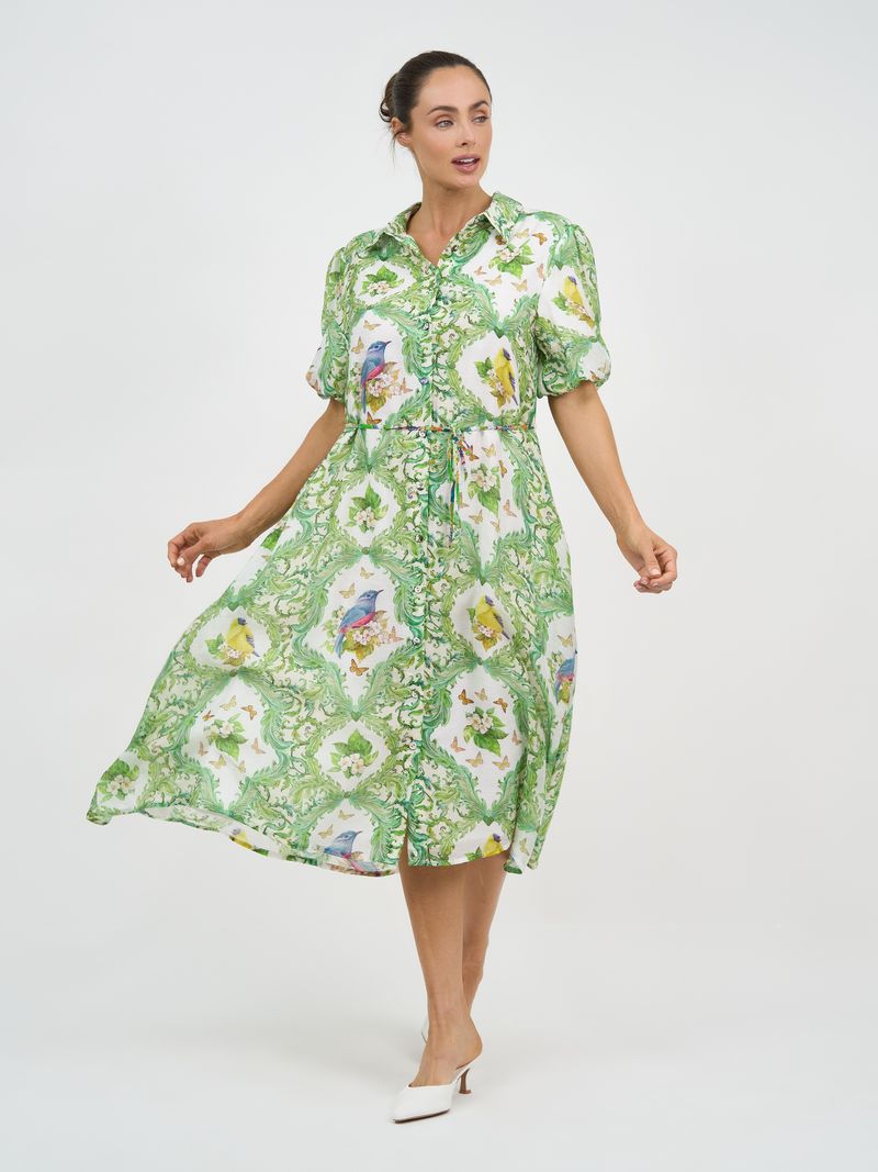 Liberty Rose - Print Shirt Dress Green Floral Birds