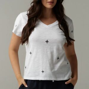 cloth + paper + scissors - Irregular Cotton Embroidered V Neck Tee - White/Parisian Navy